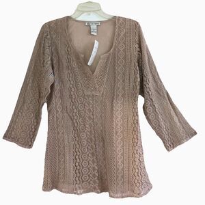 CUTE OPTIONS M 100% Cotton Neutral Beige Tan Knit Crochet Front Tunic Guru Top
